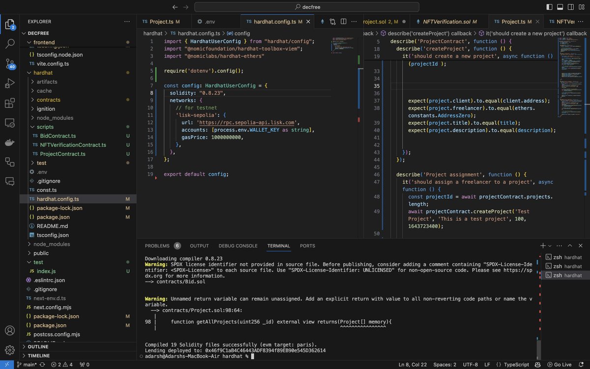 AdrsCodes's tweet image. Day 14 of #100DayOfCodeChallenge 

Today was all about solving bugs and deploying the smart-contract using hardhat @HardhatHQ 
Did this using Lisk L2 testnet @LiskHQ 
also did some technical writing.