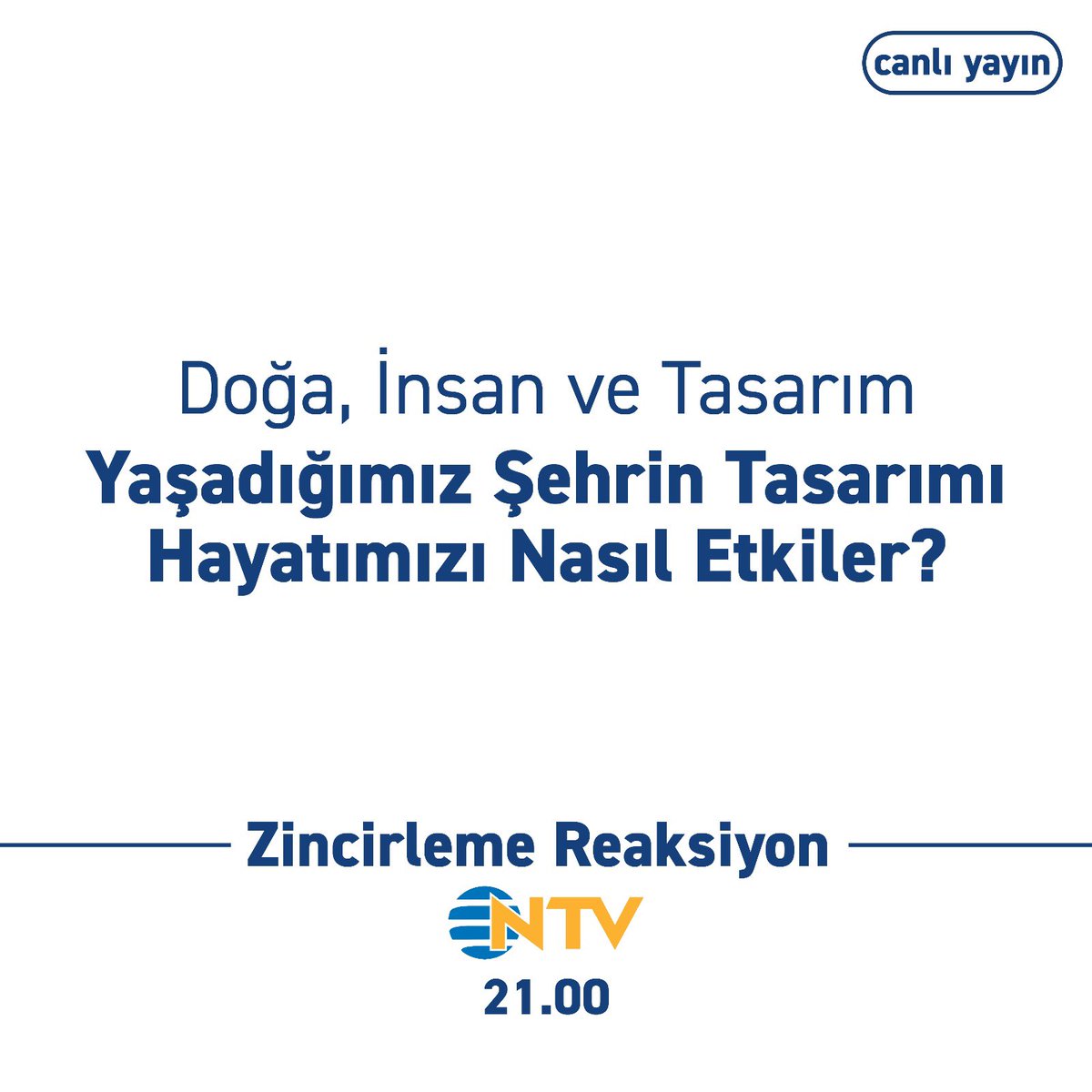 Bu akşam konuk olacağım Seda Öğretir ile Zincirleme Reaksiyon Programında; tasarım, insan ve doğa üzerine bir sohbet gerçekleştireceğiz. Şehir tasarımlarının yaşamımıza nasıl etki ettiğinden söz edeceğiz.

📍<a href="/ntv/">NTV</a> , 21.00