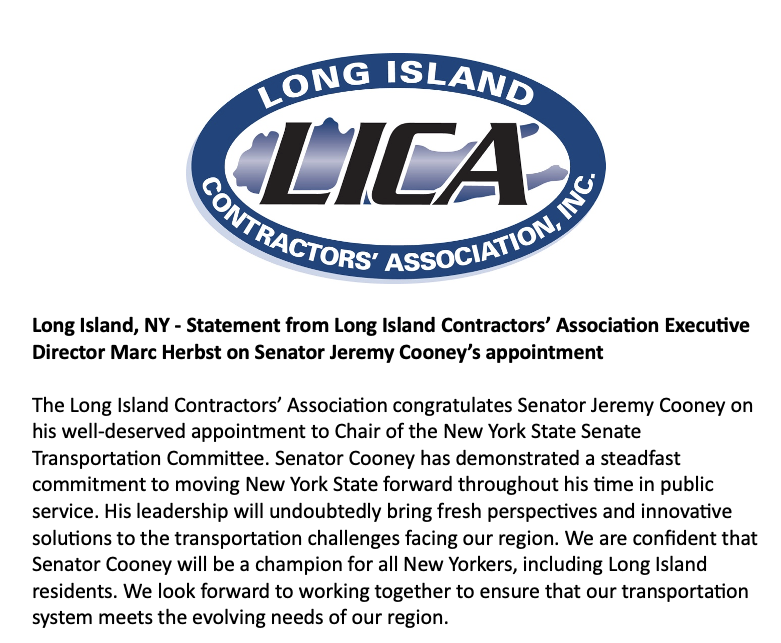 Statement from Long Island Contractors’ Association Executive Director Marc Herbst on @SenatorCooney appointment