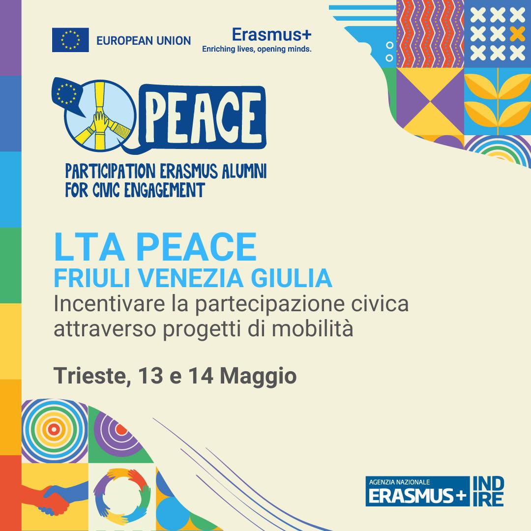 “Incentivare la partecipazione civica attraverso progetti di mobilità”. A Trieste, 13 e 14 Maggio, organizzato dall’Agenzia Erasmus+ INDIRE, la Regione Autonoma Friuli Venezia Giulia e l’USR-Ufficio scolastico regionale Friuli Venezia Giulia tinyurl.com/yc7tu36z

#ErasmusPEACE