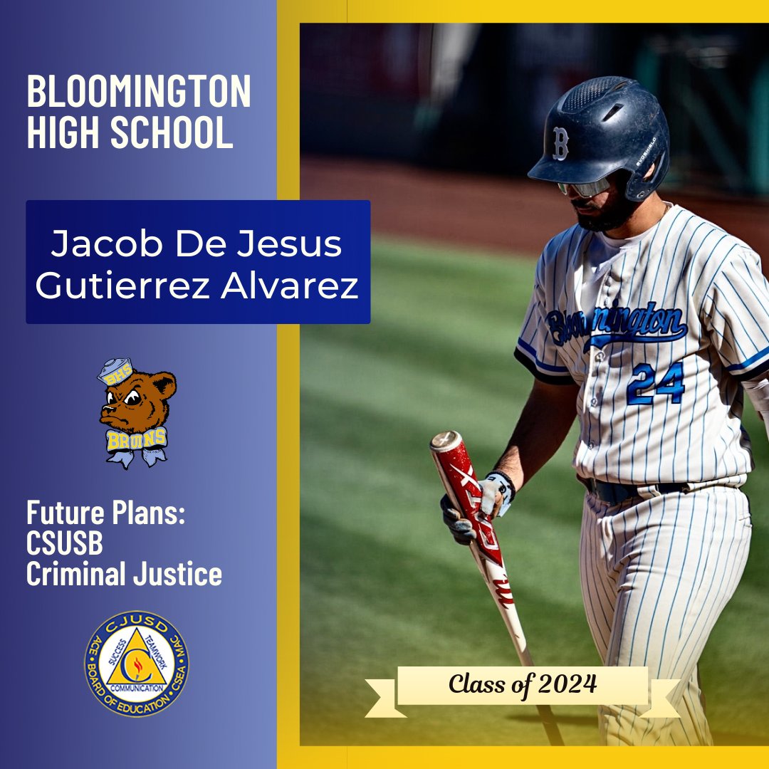 Congrats to Bloomington High School 🎓senior Jacob De Jesus Gutierrez Alvarez, who plans to attend CSUSB and study criminal justice! #CJUSDCares #BHS #BHSForSuccess 🐻🎉 Seniors, to be featured in our #CJUSD Class of 2024 Spotlight, visit bit.ly/CJUSDsenior2024
