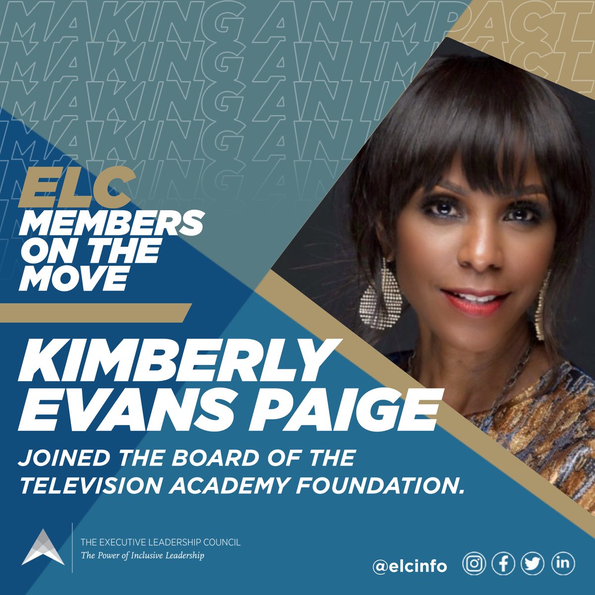 Congratulations to #ELCMember Kimberly Evans Paige, who joined the Board of the Television Academy Foundation (@TelevisionAcad).

#ELCMembersOnTheMove #BlackWomenLead #BlackExecutives #BlackLeadership
