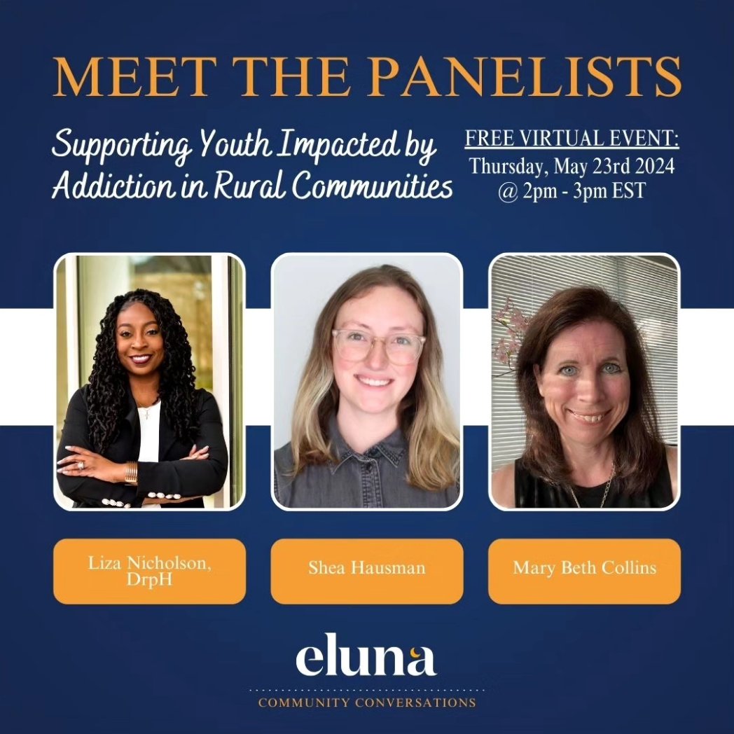AvailManagement's tweet image. Join us at @elunanetwork's free, one-hour virtual event Thursday, May 23rd at 1 PM CDT.

Eluna's next Community Conversation: "Supporting Youth Impacted by Addiction in Rural Communities" 

Panelists: Dr. Liza Nicholson, Shea Hausman, &amp;amp; Mary Beth Collins
bit.ly/3xsoGuu