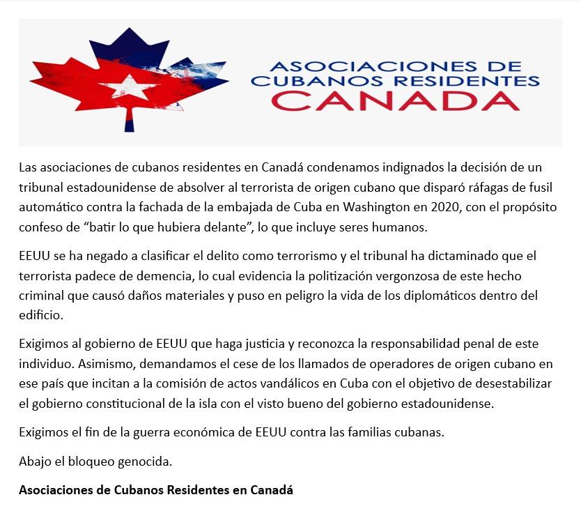 Declaración de las Asociaciones de Cubanos Residentes en #Canadá 🇨🇦 #JuntosXCuba 🇨🇺