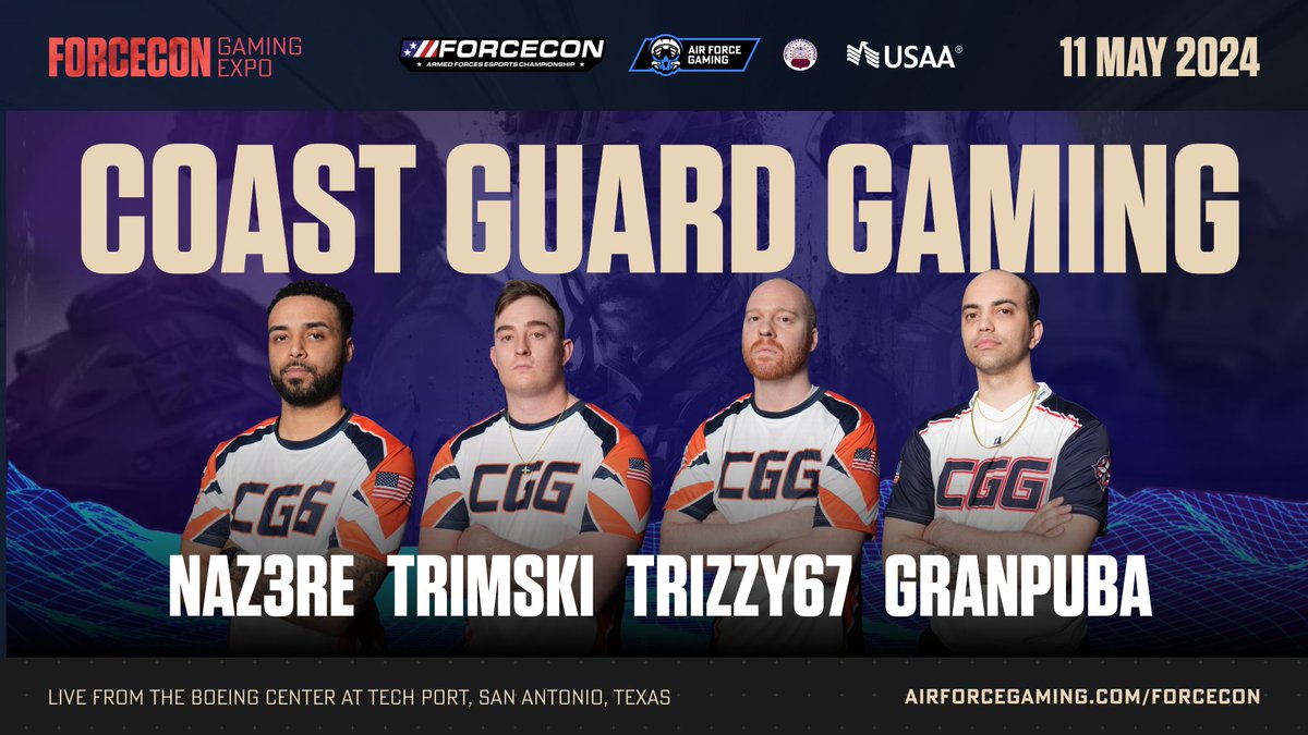 Meet the @USCG_Gaming team competing for the Armed Forces Esports Championship at #FORCECON! 🔥 Naz3re 🔥 Trimski 🔥 Trizzy67 🔥 GRANPUBA Show your support on twitch.tv/airforcegaming today and tomorrow! 🗣️
