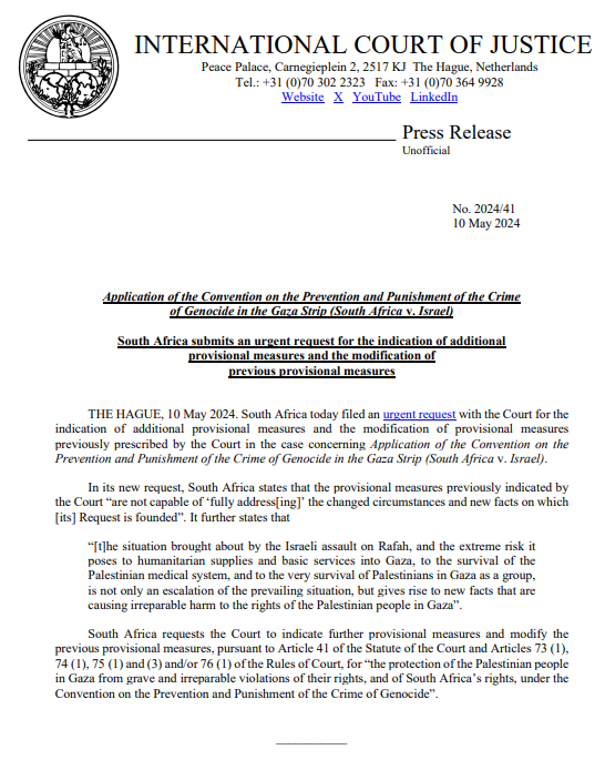 PRESS RELEASE: South Africa submits an urgent request for the indication of additional provisional measures and the modification of previous provisional measures indicated by the #ICJ in the case #SouthAfrica v. #Israel tinyurl.com/3bphwf3p