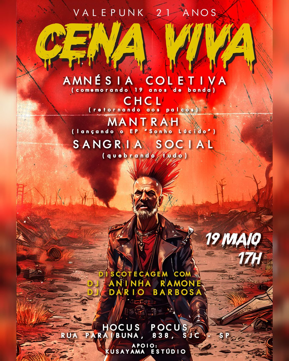 valepunk's tweet image. Serviço:
"CENA VIVA" - ValePunk 21 anos
Data: 19 de maio 
Horário: a partir das 17h
Local: Hocus Pocus (Rua Paraibuna, 838 - SJC)
Entrada: R$10

Apoio: @rod.kusayama
Cartaz por: @antimanifesto