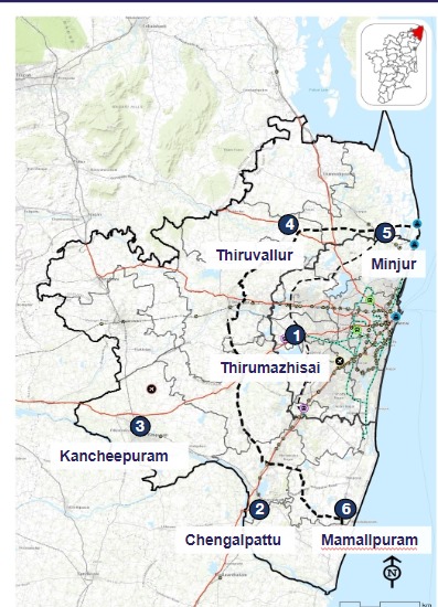 The New Chennai boundary for CMA with six satellite towns encircling Chennai city - Minjur, Thiruvallur, Thirumazhisai & Mamallapuram are located along the outer boundary of CMA while Chengalpet and Kanchipuram are located along the GST road & GWT road (Chennai - Bangalore road).