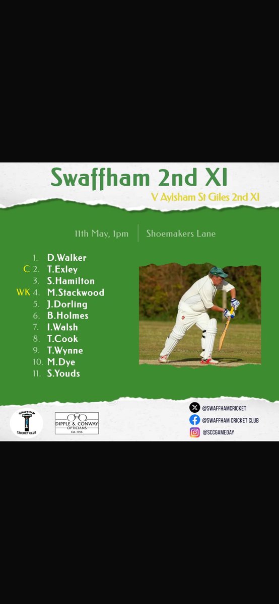 The teams are in! 
The First XI travel to Old Buckenham looking for 2 in 2.
The Second XI face Aylsham at home looking for their first win. Go well men!
Bar open all day. 🍺🏏