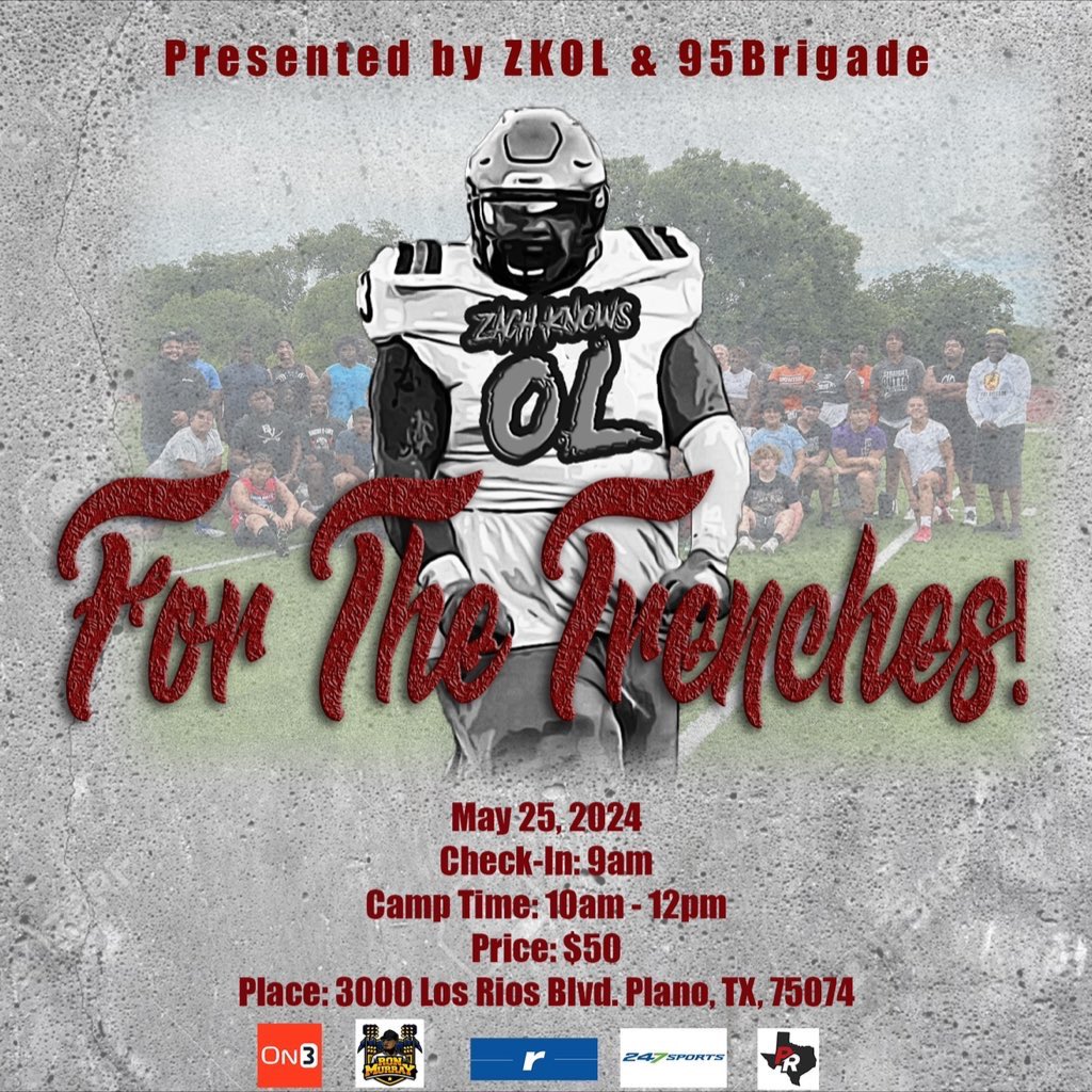 Would like to invite you out to the For The Trenches Camp OL DL ! eventbrite.com/e/for-the-tren… We are 1 week away. Only guys that register online will receive a T-shirt. #ForTheTrenches #ZachKnowsOL @CKennedy247 @Tre_LandoTFL @AFGP_Sports @Marchen44 @MikeRoach247 @Jason_Howell