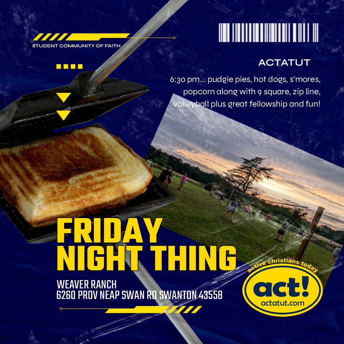 actatut's tweet image. Summer may not be here, yet but we are! Friday Night Thing kicks off tonight with pudgie pies, hot dogs, s'mores, popcorn, 9 square, volleyball, zip line and more! See you at the Weaver Ranch!