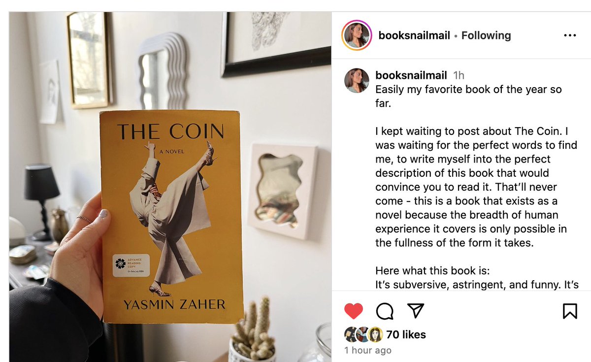 Yasmin Zaher's forthcoming THE COIN called 'easily my favorite book of the year so far.' Great to see, and a good hint at how excited you should be for this one. instagram.com/p/C6yxJReLPqW/