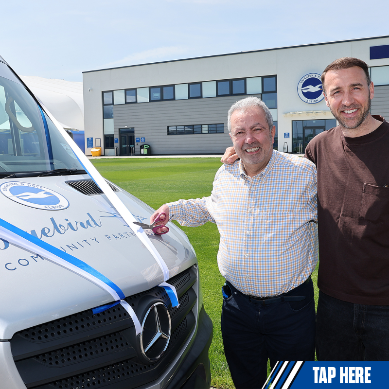 BHAFC's tweet photo. Chairman Tony Bloom has led the congratulations to Paul Samrah after the legendary and lifelong Albion fan had a minibus named after him. 🙌