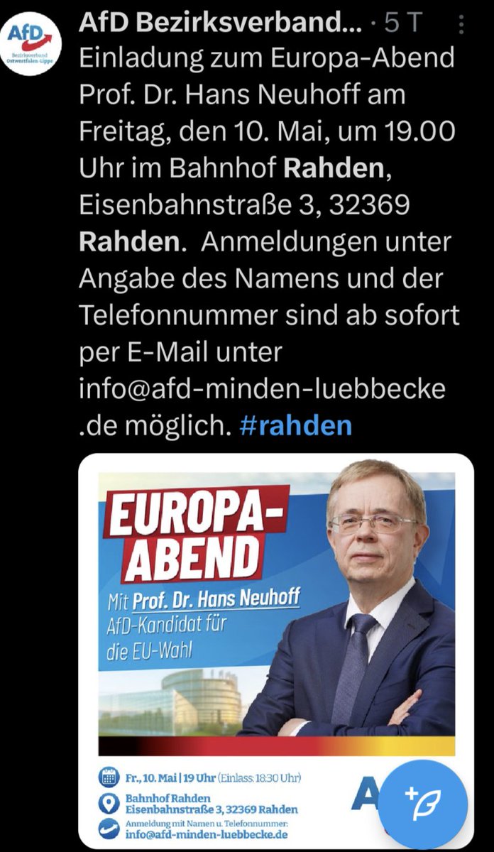 Sehr geil wie der #noafd-Freak im Bahnhof von #Rahden Geschichten aus dem 17. Jahrhundert erzählt. Die 14 Rentner vor Ort pennen ein und im chat vom rechtsextremen Streamer Claus_S macht sich Unmut breit. Weiter so. 😂 #afdsekte