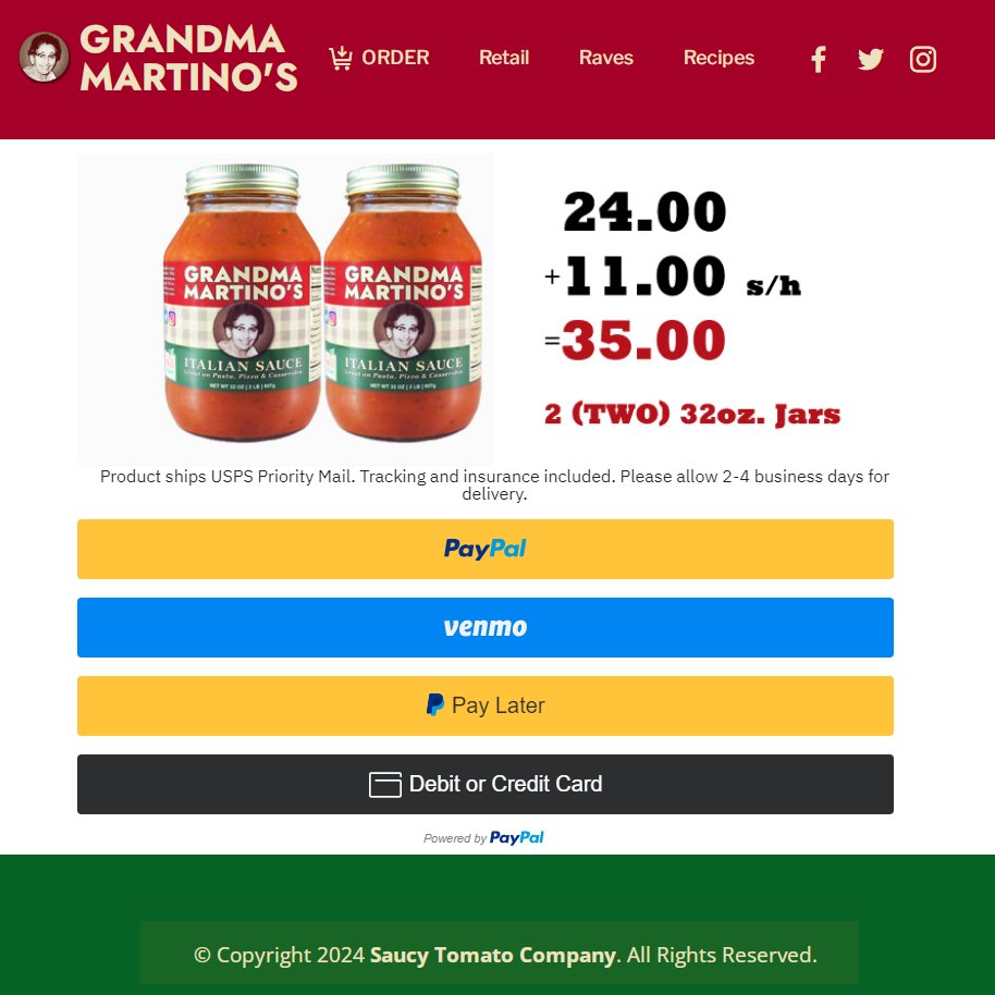 GrandmaMartinos's tweet image. Stock up on flavor with our online exclusive! 🌟 Get TWO BIG 32 oz. jars of Grandma Martino's Italian Sauce for just $24 + s/h 🌟 Perfect for all your cooking needs. #GrandmaMartinos #OnlineDeal #ItalianSauce #CookingAtHome 🛒💥 Shop now at GrandmaMartinos.com! 🇮🇹👩‍🍳