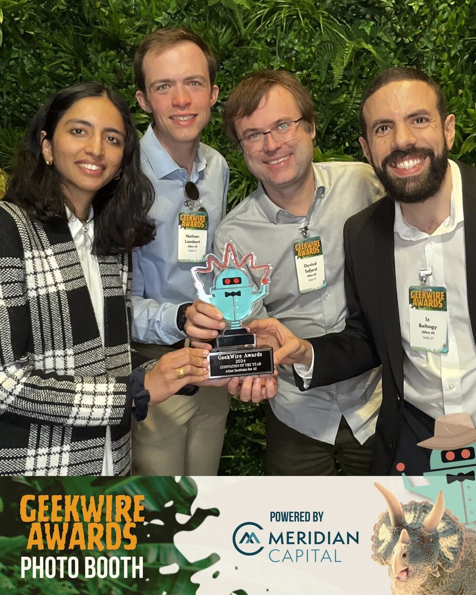 🎉We're celebrating our OLMo team's big win last night for Innovation of the Year at the @geekwire Awards! Thank you to the panel for recognizing our efforts towards open science, and to the other nominees for pushing us all towards better AI technology! geekwire.com/2024/geekwire-…