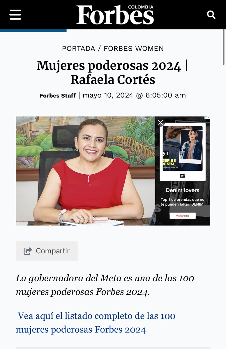 JuanGZuluaga's tweet photo. Felicito a @RafaelaCortesZ, gobernadora del Meta, por el merecido reconocimiento de la revista @forbescolombia, como una de las mujeres más poderosas del país. Su sentido de trabajo, el contacto con la gente en territorio y la visión de construir sobre lo construido permitirá a nuestro departamento seguir progresando.