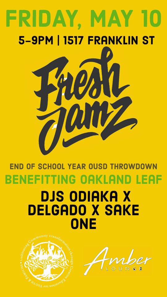 ReggaeDelgado's tweet photo. Tonight at Amber Lounge it’s a pop up @freshjamzoak happy hour! @DJOdiaka &amp; Sake 1 providing the tunes, it’s a benefit for Oakland Leaf!! https://t.co/vK598EWMIZ