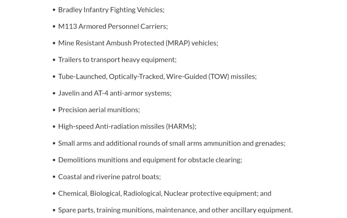 Biden’ın ABD ordu envanterinden açıkladığı 400 milyon dolarlık yeni Ukrayna yardımı - Patriot füzeleri - NASAMS için AMRAAM’lar - Stinger füzeleri - HSS entegrasyon ekipmanları - HIMARS’lar ve mühimamtı - 155/105mm topçu mühimmatı - Bradley’ler - M113’ler - TOW, Cirit ve…