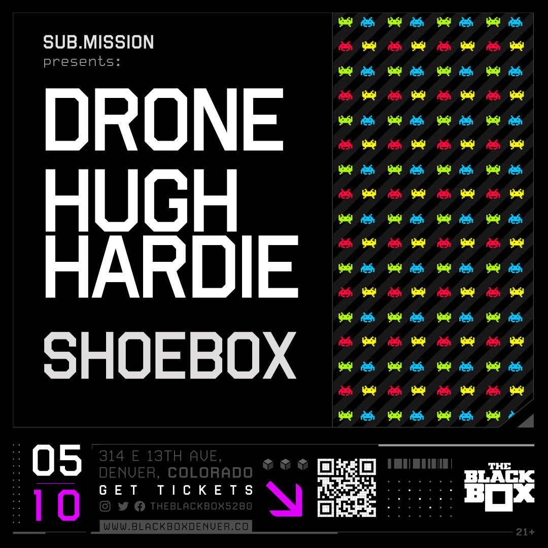 Tonight, the vibes in the dance will be all class as @droneuk & @HughHardieMusic are set to take over @TheBlackBox5280 w/ local support from @shoeboxdnb! Tickets are moving quickly, you've been warned! -- 🎟: bit.ly/DroneHughHardi…