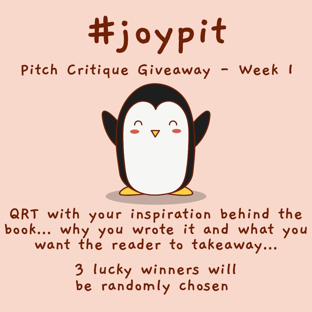 Pitch Critique Giveaway - Week 1 #JoyPit QRT with your inspiration behind the book. 3 lucky winners will be chosen on Monday Get your pitches ready to wow 🤩 the agents and editors Get your book the attention it deserves… #amquerying #WritingCommunity #Giveaway #Pitch