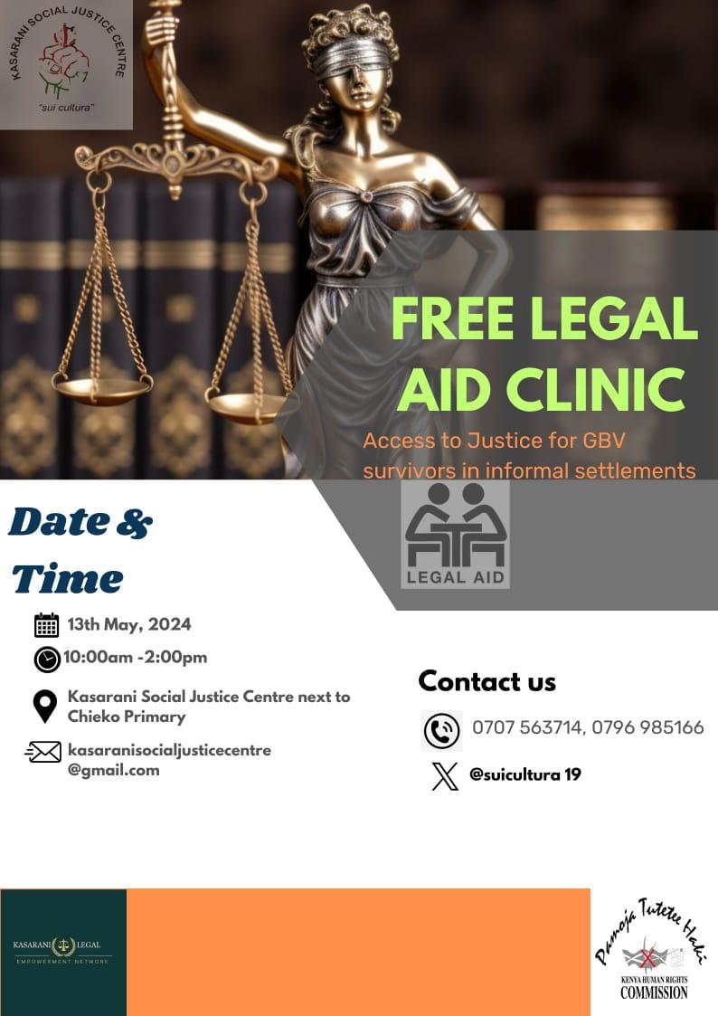 Kasarani Social Justice Center will be having a Free Legal Aid Clinic. For assistance on 13th May 2024,9AM We will be having lawyers from Kenya Human Rights Commission and Paralegals from Social Justice Centers Working Group & Paralegal Society Of Kenya @UhaiWetu @suicultura19