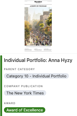 truly surreal to check in on the <a href="/SND/">Society for News Design</a> awards and see their panel of judges awarded my individual portfolio an award of excellence this year. this is my first portfolio win and it means a lot ♥️ you can see all this year's winners so far on their site!