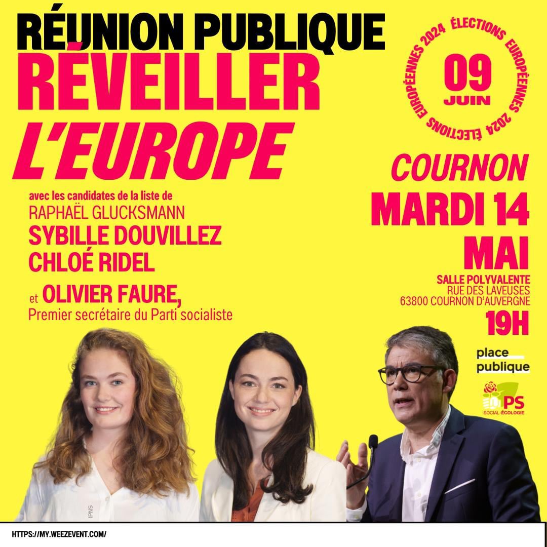 Rendez-vous ce mardi à 19h, à Cournon, pour une réunion publique sur les élections européennes avec @ChloeRidel @Sybille__Dvlz @faureolivier ! #9juin #ReveillerLEurope
