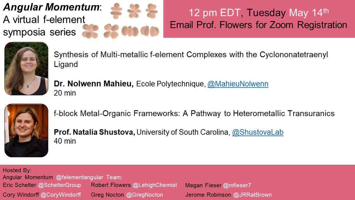 If you are interested in multi-metallic f-element complexes @MahieuNolwenn or f-block MOFs @ShustovaLab -please join May 14th @ 12 pm ET registration: lehigh.zoom.us/meeting/regist… #MOFs #DOE @UofSC_Chem #felements