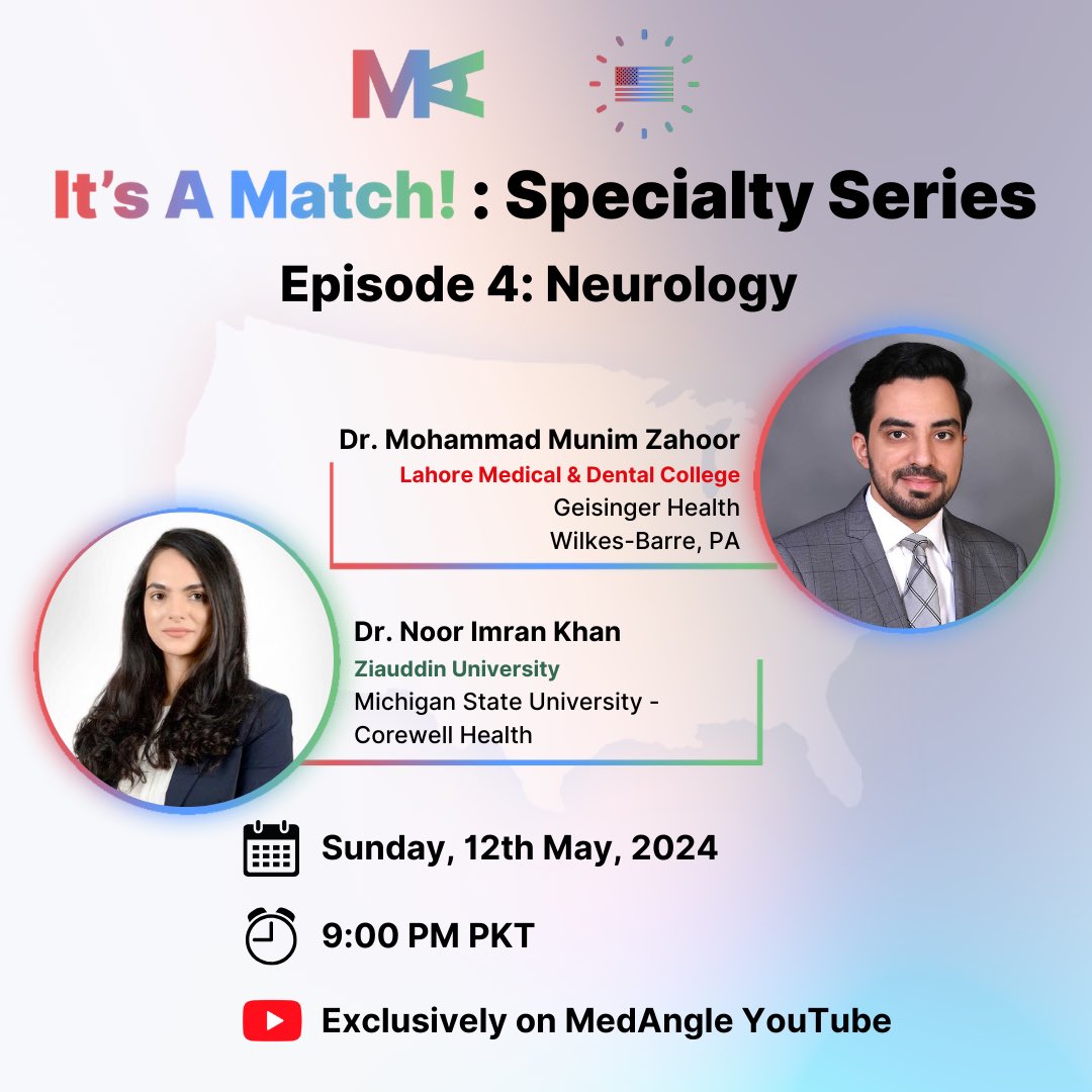 It’s A Match! Specialty Series - Neurology edition coming this Sunday, May 12th at 9:00 PM.

Watch Dr. Munim Zahoor & Dr. Noor Imran unravel the mysteries of the Neurology Match in an engaging discussion.

Get notified:
youtu.be/O3YSPI3VuG4

#MedAngle #Match2025
