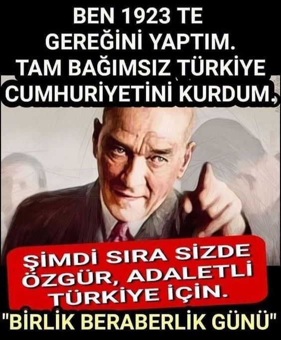 @T_Karabasoglu @TC_BERFIN @TC_TOPRAK_ @__Ihtiyar @Wella2855 @CidanliVedat @20ysf1 @AyeIlgaz2 @21irfan21x @asi_bandirma @asidevrimcii @aynurisikdag @ZLMMKA @ceyhun_ertunc @emekedge @fzsnchp Şimdi Birlik Beraberlik Günü. Yaşasın Tam Bağımsız Laik Demokratik Türkiye.