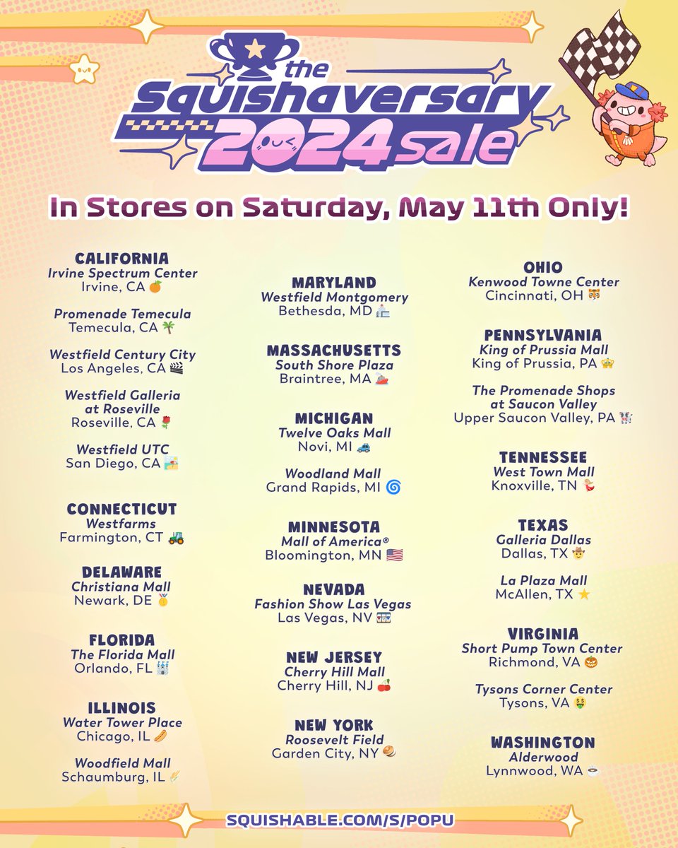 🏎💨 Our annual Squishaversary sale is happening IN STORES NOW!!! Today only enjoy HUGE deals on all things Squish!!! (Online sale 5/14!) 🏎💨 🛍 Store Info: squishable.com/s/POPU 🛍 💻 Online!!: squishable.com 💻