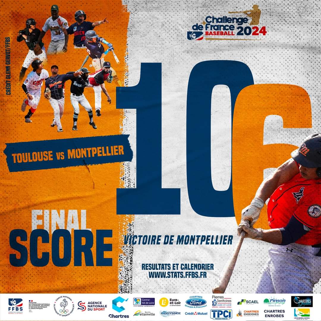 FINAL SCORE - Challenge de France Baseball 2024 ⚾️ À Chartres, victoire des @MUCBarracudas face au @StadeToulousain : 10-6 ! ➡️ Plus d'informations sur stats.ffbs.fr #ChallengedeFrance #Baseball #France