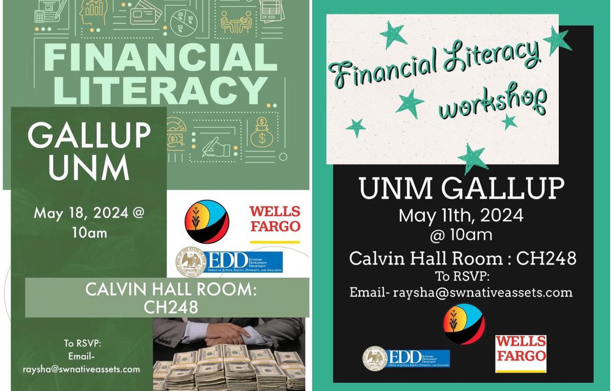 Join us at UNM-Gallup for the UNM Rainforest Innovation for two upcoming Financial Literacy Workshops on Saturday, May 11 and 18, in Calvin Hall 248. <a href="/UNMGallup/">UNM Gallup</a> <a href="/UNM/">Univ. of New Mexico</a> 

To RSVP or for more information, please email raysha@swnativeassets.com.