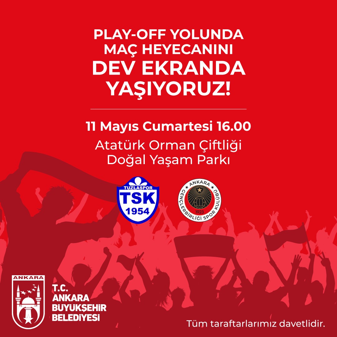 Play-off yolunda hep birlikteyiz

11 Mayıs Cumartesi günü saat 16.00'da Tuzlaspor A.Ş. ile oynacağımız karşılaşmayı Ankara Büyükşehir Belediyesi organizasyonunda Atatürk Orman Çiftliği Doğal Yaşam Parkı'nda hep birlikte izliyoruz !

Sandalyeni kap gel ! 
Tüm taraftarlarımız