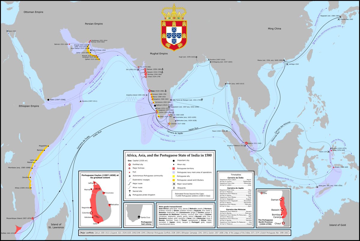🇵🇹 Portogallo | I portoghesi furono i primi europei a creare un impero in Asia dai tempi di Alessandro Magno.

La mappa mostra i possedimenti in Asia nel 1580.