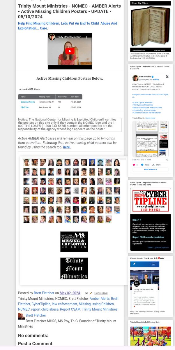 Trinity Mount Ministries - NCMEC - AMBER Alerts - Active Missing Children Posters - UPDATE - 05/10/2024

trinitymountministries.com/2024/05/trinit…

#TrinityMountMinistries #MissingChildren #NCMEC #AmberAlerts #CyberTipline #ReportChildAbuse #ReportCSAM #ChildSafety #OnlineSafety #BrettFletcher…