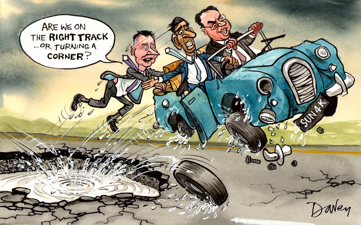 Andy Davey: Economy grew by 0.6% taking UK out of recession after 2yrs in a pothole. #RishiSunak & Bailey say economy has turned a corner. Hunt says they're on the right track but they're not actually driving the car – political cartoon gallery in London original-political-cartoon.com