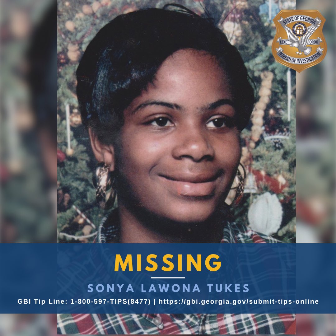 On May 10, 2004, Sonya Lawona Tukes disappeared from her sister’s home in Tennille, GA, after taking a phone call around 1:15 a.m. She was last seen wearing green shorts & a black t-shirt & flip-flops.

The GBI, Washington Co SO, & Sandersville PD need the public's help. 

(1/2)