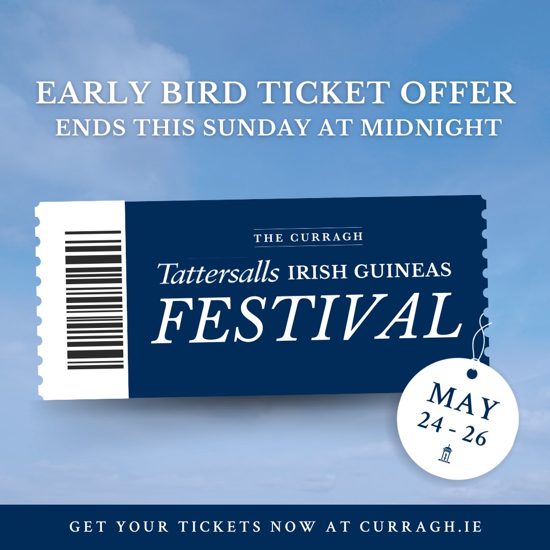 Big Savings Await! ✨ Our @Tattersalls1766 Irish Guineas Festival Early Bird Ticket 🐦 🎟️, ends this Sunday at midnight! Don’t miss out. Avail of a 25% discount on Friday gate admission, or a 33% discount on weekend gate admission. ✨ Purchase now at curragh.ie