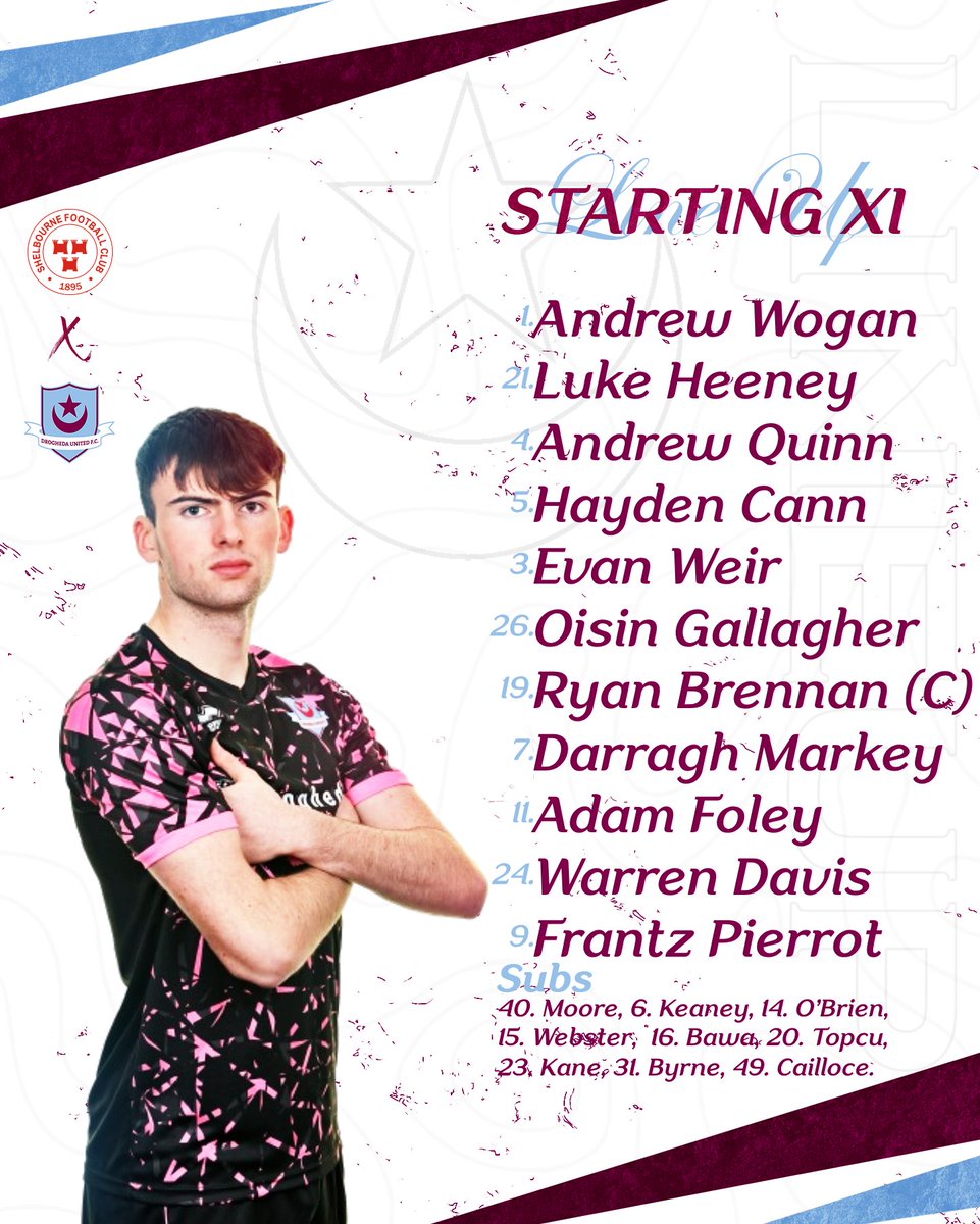 Drogheda United Starting XI vs Shelbourne. Ryan Brennan captain. Andrew Wogan & Oisin Gallagher start. 🟣🔵 #WeAreDrogs | #OurTownOurClub