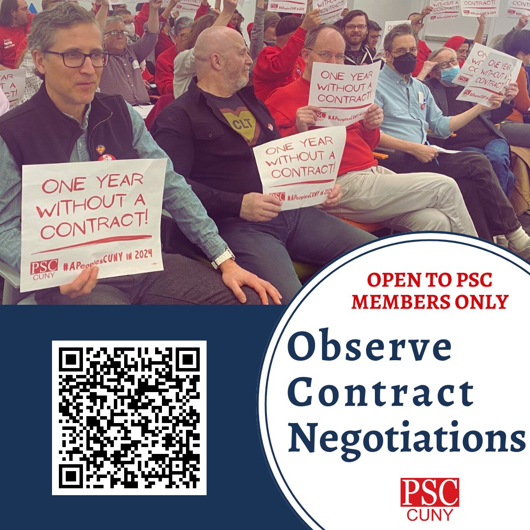 PSC Members -> you can sign up to observe contract negotiations Dues-paying PSC members are welcome to observe a bargaining session after completing an online Orientation. The next orientation is scheduled for May 13th. Register here: psc-cuny.org/issues/contrac…