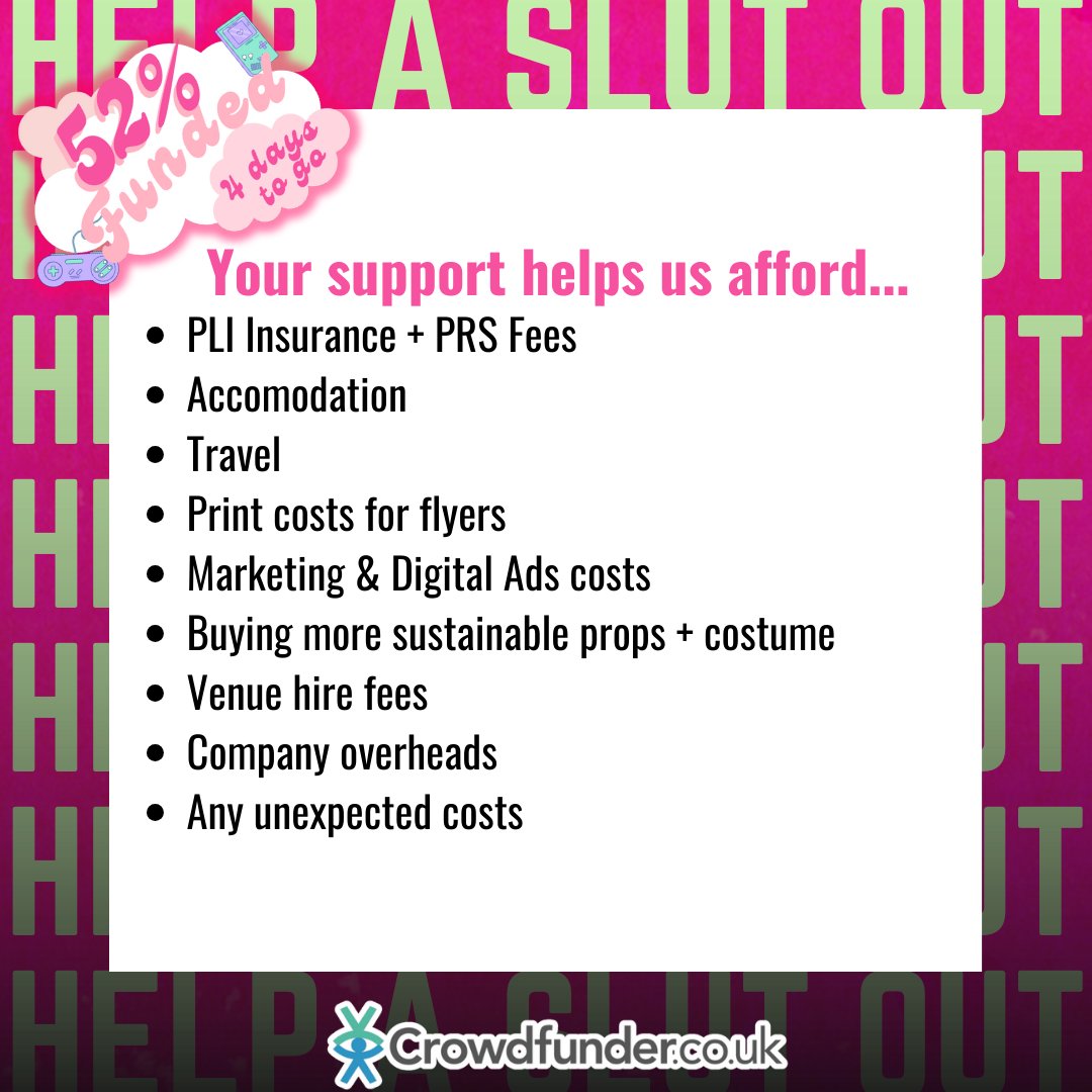 📣WE HIT HALFWAY TO OUR GOAL! 📣

Thank you SO MUCH to everyone who has supported us on our quest to reach <a href="/brightonfringe/">Brighton Fringe</a> so far!

Just a cheeky reminder that we have 4 days left on our crowdfunder campaign and 48% left to raise! #HelpASlutOut

crowdfunder.co.uk/p/get-sluts-wi…