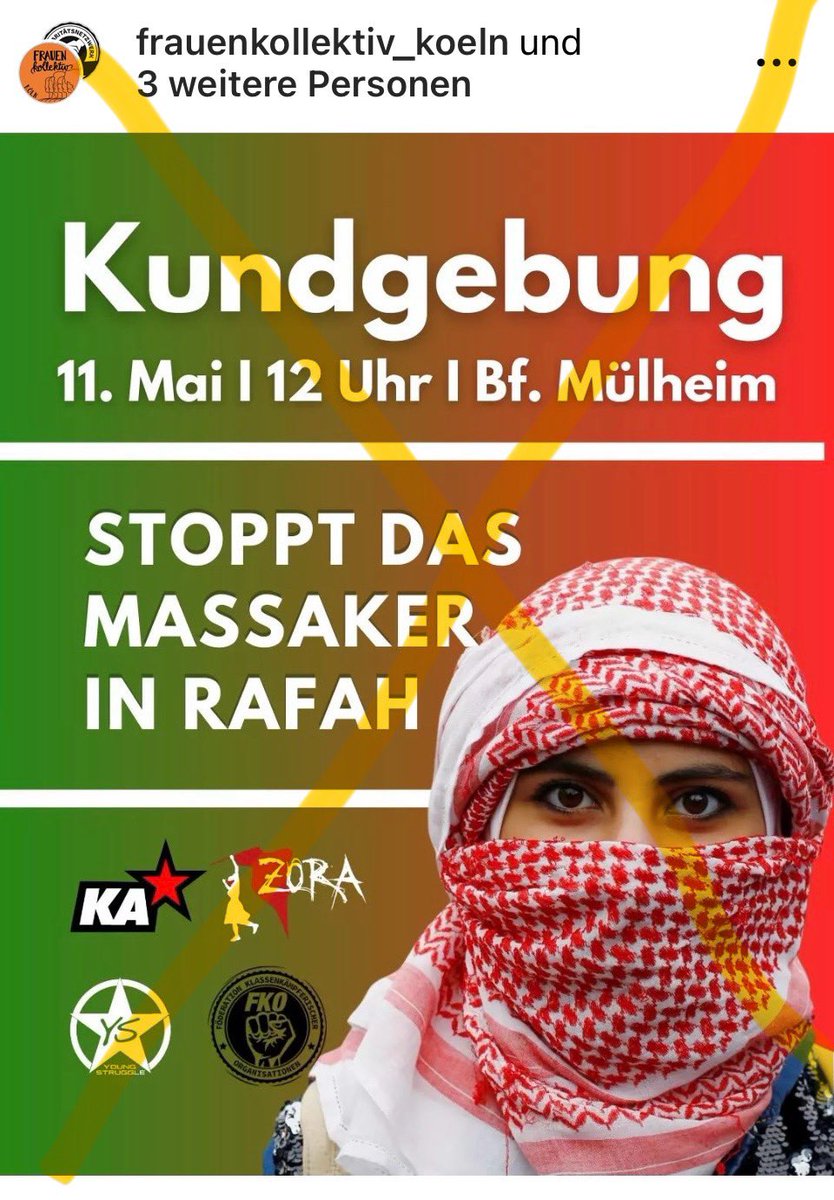 Achtung #Köln:#k1205 rote antisemitische #ProHamas Demonstration in #Mülheim - die üblichen neostalinistischen gewalttätigen Gruppen von #YoungStruggle bis #InternationaleJugend