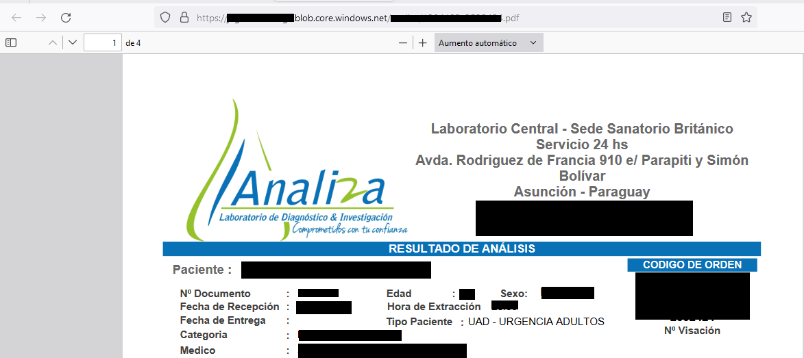 chum1ng0's tweet image. 🚨#Paraguay 🇵🇾: Al menos dos Laboratorios Médicos fueron expuestos por una mala configuración de su prestador de servicios clínicos. 

🚨El Blob exponía más de 400.000 datos clínicos de pacientes, esto fue reportado al menos 3 veces, ya fue bloqueado🤝.

#Blob #misconfigurations