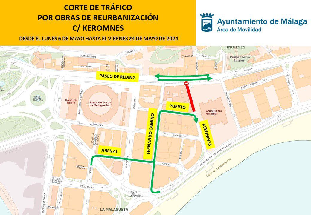 ⚠️ Información de movilidad: por obras de reurbanización entre el 13 y el 31 de mayo el tráfico permanecerá cortado en un tramo de calle Keromnes (entre el Paseo de Reding y calle Puerto).