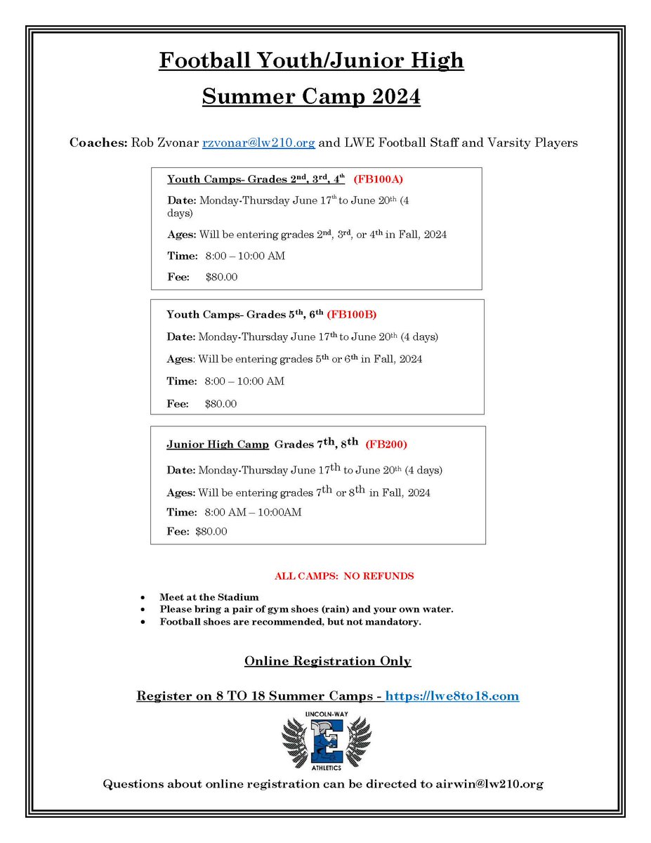 Attention!! Fall of 2024 2nd-8th Graders! Come join us at the best Youth and Jr. High Camp around. The Lincoln-Way East Griffins Football Coaching Staff and Varsity players are excited to see you!