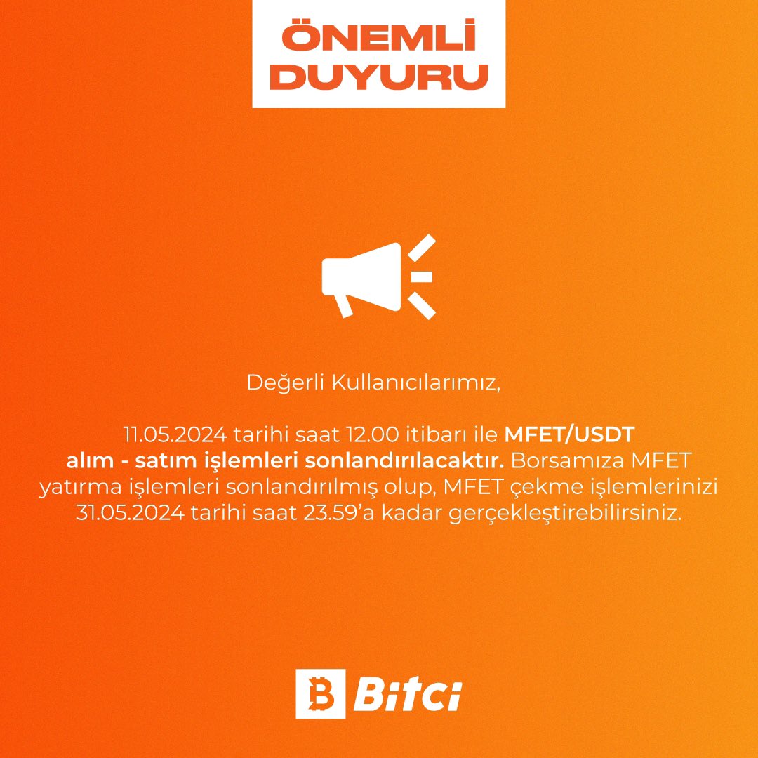 📣 Önemli Duyuru Platformumuzda MFET/USDT alım-satım işlemleri sonlandırılacaktır. Detaylı bilgi için ⤵️