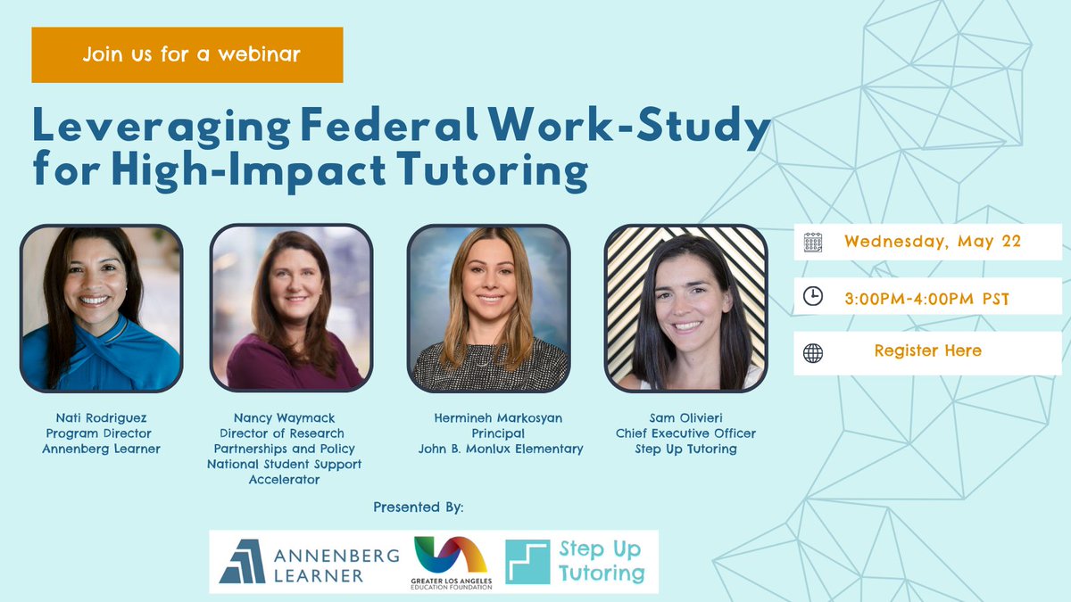 🌟Don’t miss our May 22 webinar (3-4 PM) hosted by @Greaterlaedfund, @AnnLearner and @stepuptutoringg on leveraging sustained federal funding streams to implement evidence-based tutoring programs. Register now! calendly.com/stepup-tut/lev…