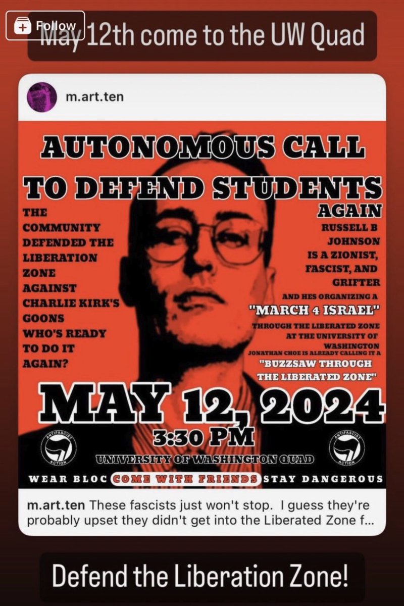 Seattle — Antifa have announced plans to attack the 'March 4 Israel' event on May 12 featuring pastor @russellbjohnson. The pro-Israel march is supposed to walk through @UW's violent Gaza encampment, which has attracted professional rioters and extremists involved in CHAZ and the…